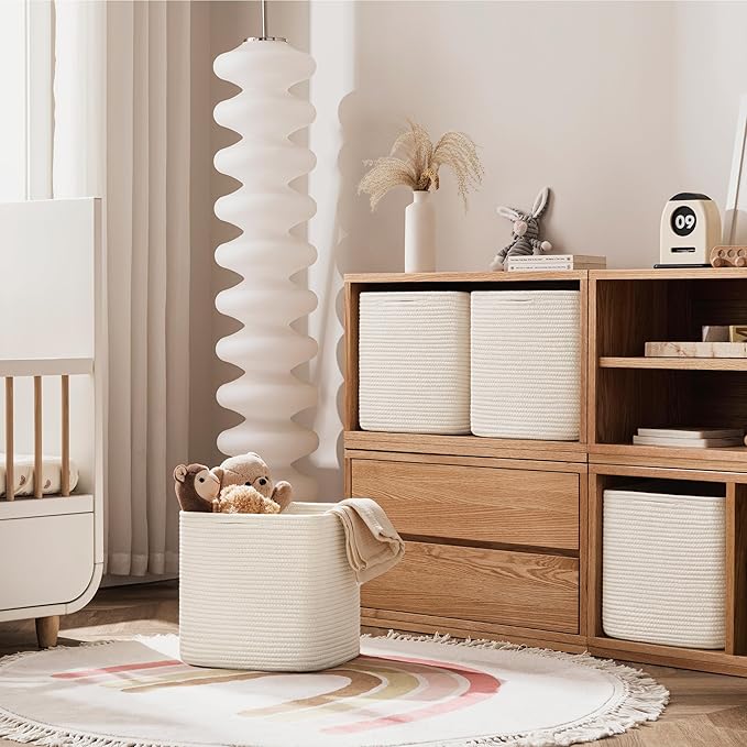 joybest 13x13x13 Inch Cube Storage Bins Set of 4, Cotton Rope Woven Organizer Basket for Shelves, Cube Bin Square Shelves Organizer Closet Storage, Nursery, Toy Organization, Beige