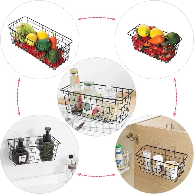 4 Pack Wire Storage Baskets Household Metal Wall-Mounted Containers Organizer Bins for Kitchen Bathroom Freezer Pantry Closet Laundry Room Cabinets Garage Shelf, Large
