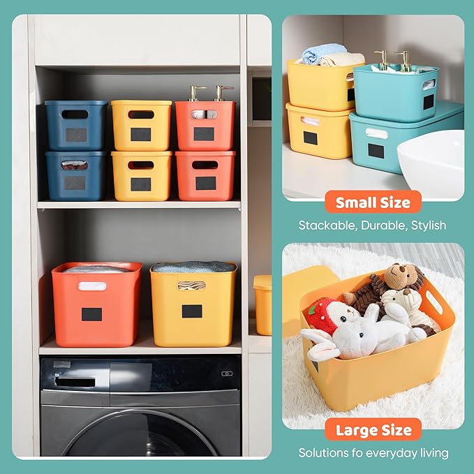 Plastic Storage Bins with Lid, Stackable Storage Containers for Organizing, Decorative Storage Baskets for Shelves Living Room Playroom Classroom Office (4 Large + 4 Small)