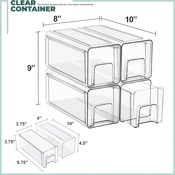 Sorbus Large Clear Stackable Storage Drawers 4-Pack Plastic Organizer Bins with Handles Pull-Out Drawers for Bathroom Closet, Medicine, Cabinet, Pantry Storage, Baby Bottle Organizer