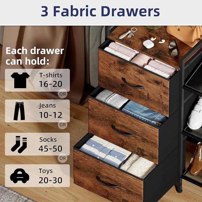 Somdot Shoe Rack, 3 Tier Shoe Organizer with 3 Drawers, Metal Shoe Storage Shelf for 6-9 Pairs of Shoes, Narrow Shoe Rack for entryway, Wood Grain Print