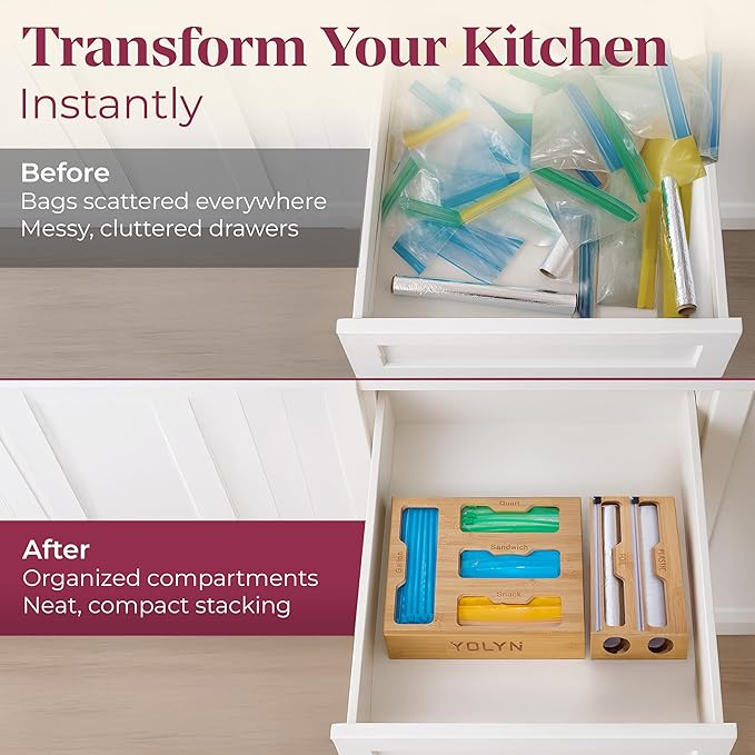 Bamboo Food Storage Bag Organizer for Drawer with Foil & Plastic Wrap Dispenser â 4 in 1 Premium Kitchen Drawer Organizer for Gallon, Quart & Sandwich Bags