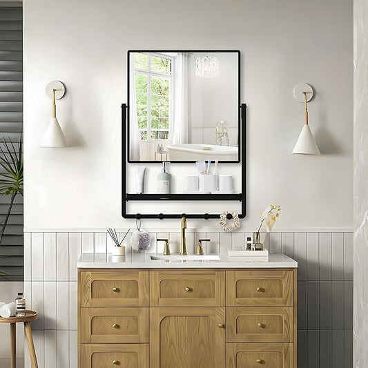 WONSTART Modern Black Square Wall Mirror with Shelf and Hooks, 21.7 x 29.3 Inch Large Bathroom Mirror with 10° Adjustable Tilt for Entryway, Living Room, Hallway, Bedroom