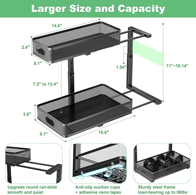 Under Sink Organizer, Height Adjustable 2 Tier Under Sink Organizers and Storage, Slide Out Metal Cabinet Organizers, Pull Out Sink Storage Drawer Shelf for Kitchen Bathroom Cabinet, Black, 1 Pack