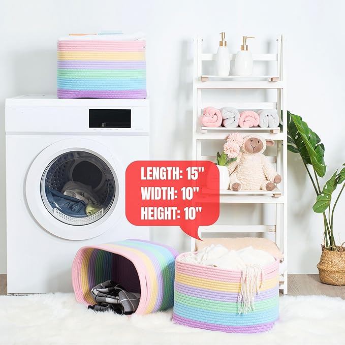 MINTWOOD Design Storage Basket for Shelves, Decorative Baskets for Organizing, Book Basket, Storage Cube Bin Box, Woven Closet Organizer, Pantry Closet and Shoe Basket, Pastel Rainbow