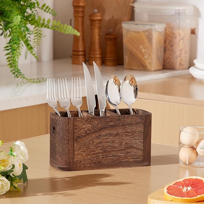 Wooden Silverware Holder for Countertop, Kitchen Utensil Caddy with 3 Compartments, Cutlery Storage Organizer Countertop, Flatware Organizer for Party, Spoon, Fork Holder