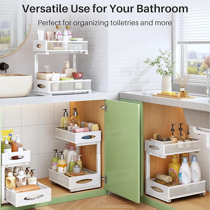 Under Sink Organizer, 2 Pack 2 Tier Pull out Cabinet Organizer Baskets with Mesh Sliding Drawers, Slide out Sink Storage Shelves for Kitchen, Bathroom, Pantry, Cabinet Organizers and Storage(White)