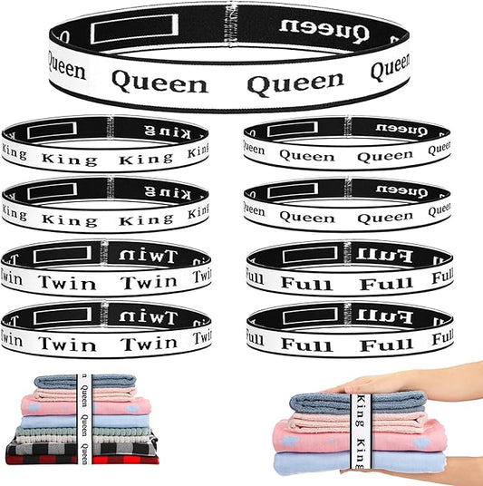8Pcs Bed Sheet Organizer Bands Sheets Labels for Elastic Bedding Linen Closet Storage Foldable Sheet Set Organizer Sheet Keeper Band(Queen,King,Full,Twin)