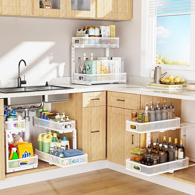 Under Sink Organizer, Height Adjustable 2 Tier Under Sink Organizers and Storage, Slide Out Metal Cabinet Organizers, Pull Out Sink Storage Drawer Shelf for Kitchen Bathroom Cabinet, White, 1 Pack