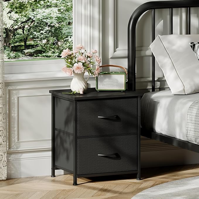 Somdot Nightstand Set of 2 with 2 Storage Drawers, Small Bedside Table End Table, Wooden Top Fabric Cabinet for Bedroom, Kids Closet, College Dorm, Entryway, Black