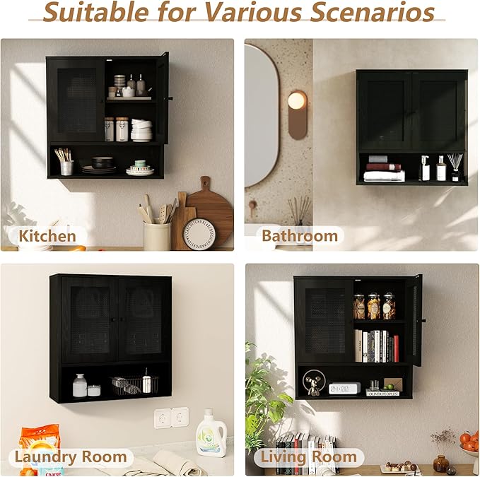 Bathroom Wall Cabinet, Wall-Mounted Rattan Medicine Cabinet with Double-Door, Floating Bathroom Cabinet Over Toilet for Laundry Room & Kitchen & Living Room 23.23 x 7.68 x 24 in