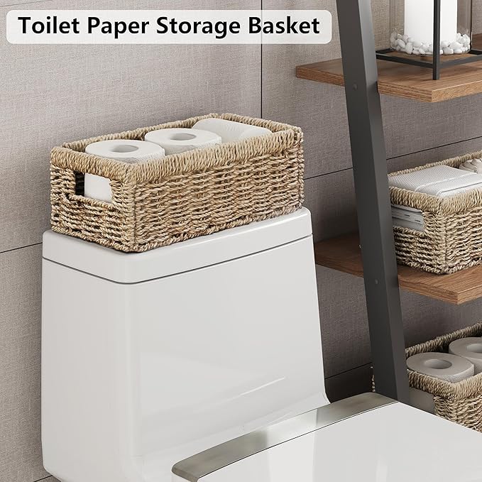 Vagusicc Storage Basket Wicker Baskets for Organizing with Handles Decorative Storage Bins for Countertop Toilet Paper Basket for Toilet Tank Top Small Baskets (11.4x6.1x4.6 inch, 2 Pack)