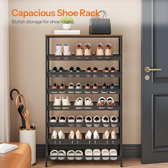 HOOBRO 8-Tier Shoe Rack, 29.5"L Shoe Shelf, Large Capacity Shoe Storage Organizer for 21-24 Pairs of Shoes, Front Door Entrance, Entryway, Hallway, Closet, Space Saver, Rustic Brown and Black BF18XJ01