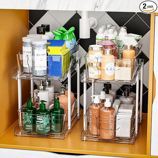SuoXing 2 Pack 2 Tier Under Cabinet Bathroom Storage,Large 12.4″ Deep Under Sink Organization With Dividers,Clear Pull Out Organizers for Kitchen,Undersink Storage for Hair Products,Towel and Makeup