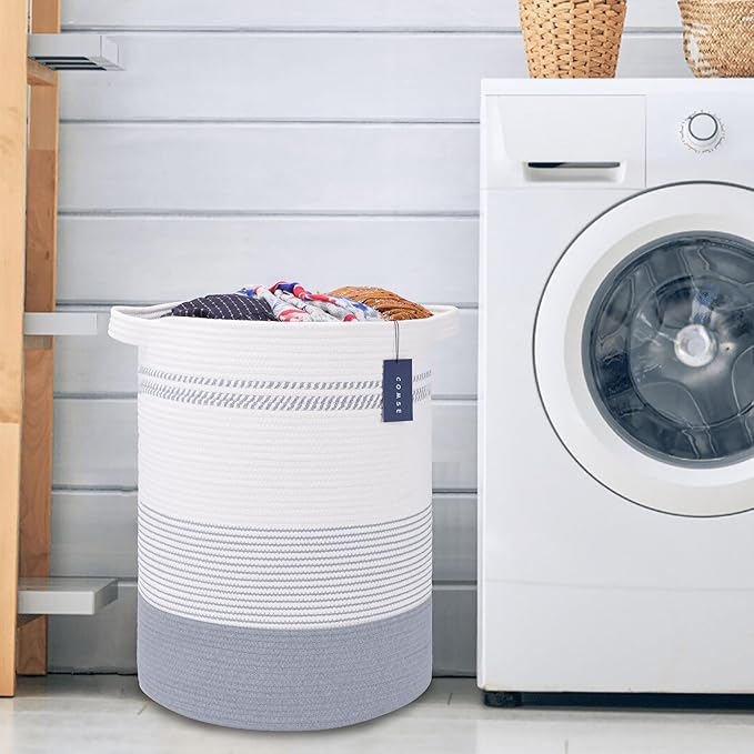 COMSE Extra Large Blanket Basket, Tall Laundry Basket, Nursery Hamper, 15.7âx 21.7â, Cotton Rope Woven Laundry Hamper for Storage Toys Clothes Towels, Light Gray & White