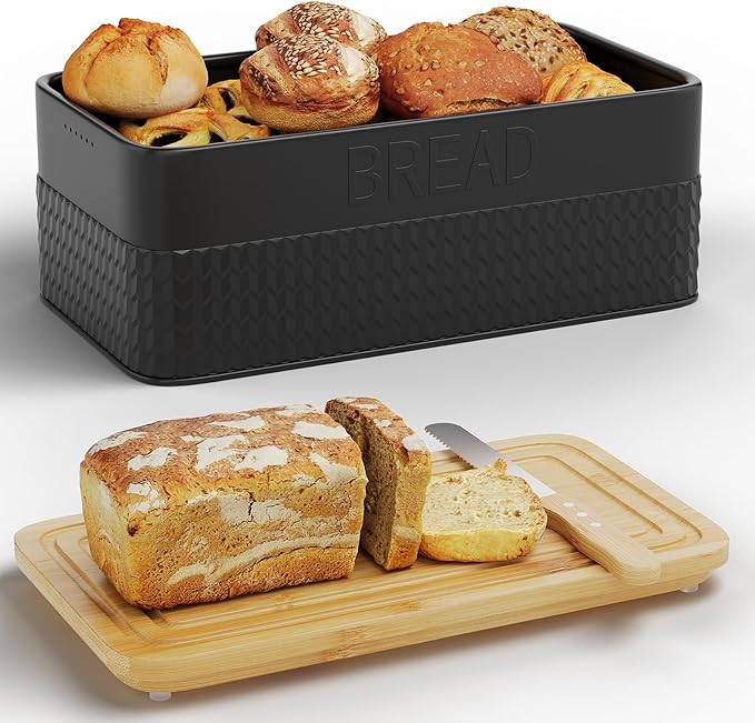 Bread Box for Kitchen Countertop,Metal Bread Storage Bin with Bamboo Cutting Board Lid, Includes Bread Knife, Fits Sourdough & Buns, Stylish Organize (Black)