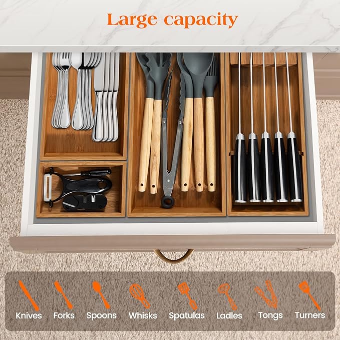 Carbonized Bamboo Kitchen Silverwar Drawer Organizer,14.2 inch Length Natural Utensil Flatware Organizers Tray Storage for Spoons Forks & Knives