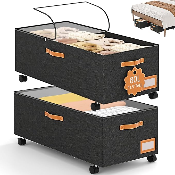 Under Bed Storage with Wheels, 12" Height Under Bed Storage Extra Deep Under Bed Storage Containers, Perfect for 14'' Bed Frame, No Assemble Metal Rolling Underbed Storage for Clothes Shoes Blankets
