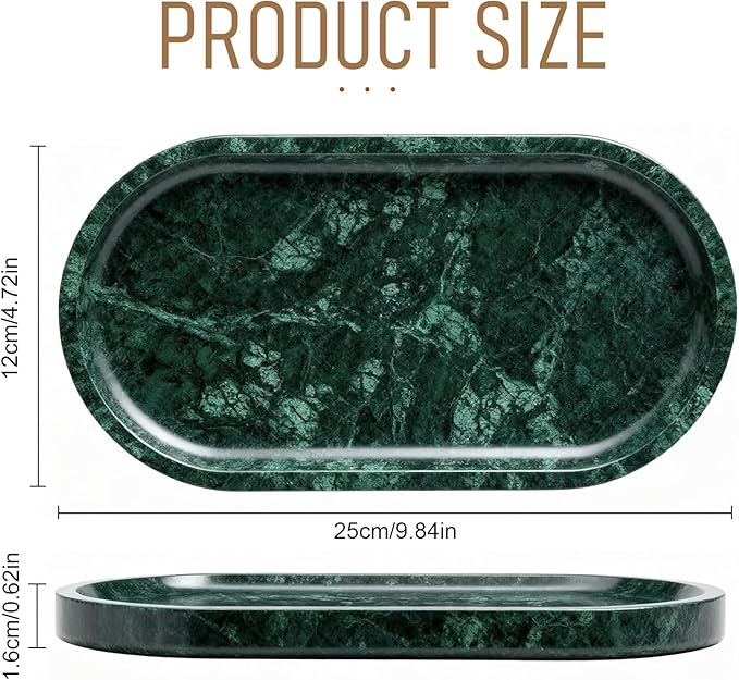 Natural Marble Tray, Green Stone Tray, Vanity Decorative Tray for Countertop, Catchall for Perfume, Candles, Skincare, Jewelry Dish, Bathroom Tray, Hotel Supplies