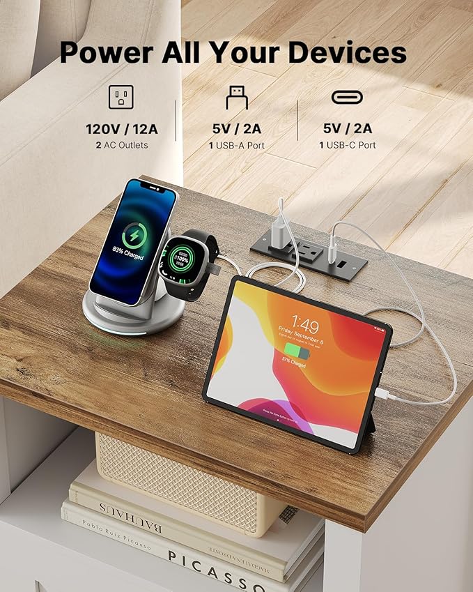 Marsail Farmhouse Nightstand with Charging Station, Wood Bedside Table with USB Port & AC Outlet, Open Shelf and Enclosed Cabinet, Side Table with Storage for Bedroom, Brown and White
