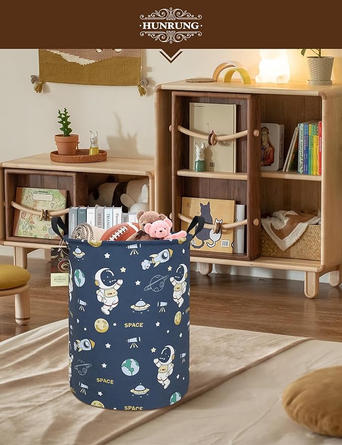 HUNRUNG Laundry Hamper,Large Canvas Fabric Lightweight Storage Basket Toy Organizer Dirty Clothes Collapsible Waterproof for College Dormsï¼Round-Blue Space Astronautï¼