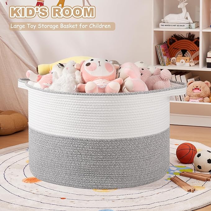 XXL Large Blanket Basket with Handles, 105L Woven Storage Basket for Living Room, Cotton Rope Baby Toy Storage for Clothes, Pillows, Towels-Grey & White