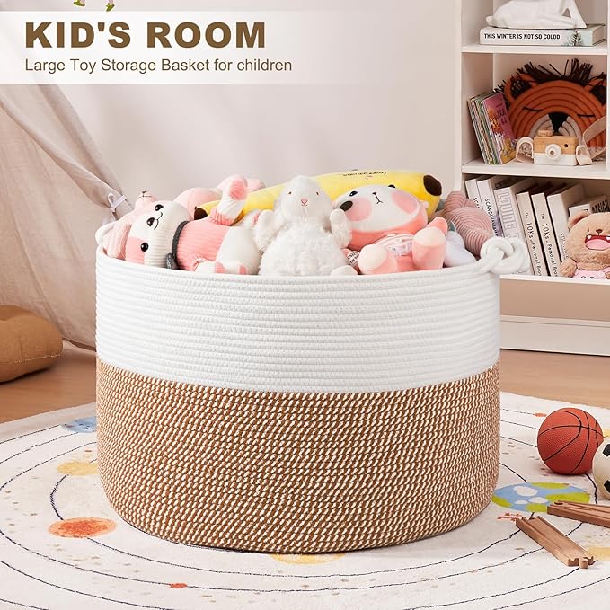 XXL Large Blanket Storage Basket for Living Room, 105L Woven Cotton Rope Basket with Handles, Baby Toy Storage, Laundry Hamper for Clothes, Pillows, Towels-Yellow and White