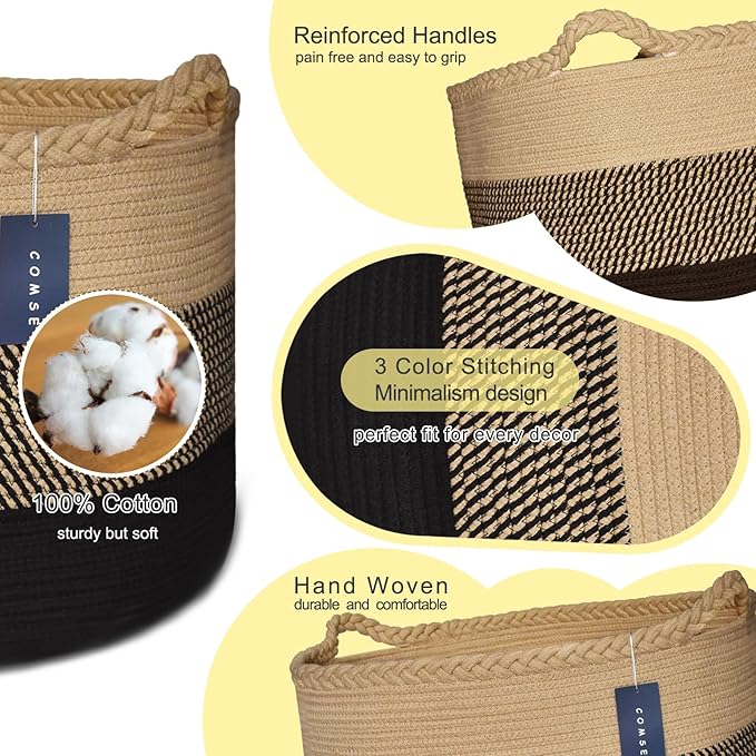 COMSE Extra Large Blanket Basket, Woven Laundry Basket, 21.7âx 13.8â, Nursery Hamper, Cotton Rope Laundry Hamper Living Room for Storage Toys Clothes Towels (Brown & Black)
