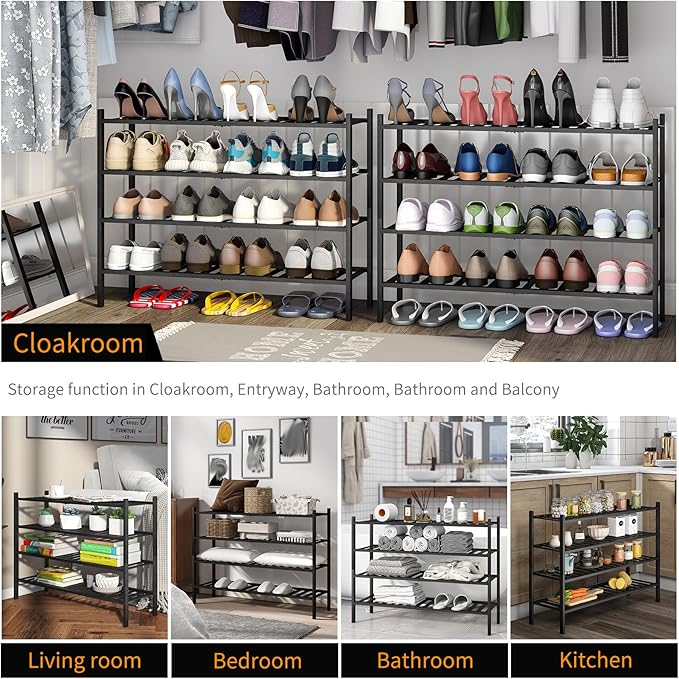 Long Shoe Rack, 4-Tier Bamboo Stackable Shoe Shelf Storage Organizer, Shoe Stand for Closet, Entryway and Hallway(Black)