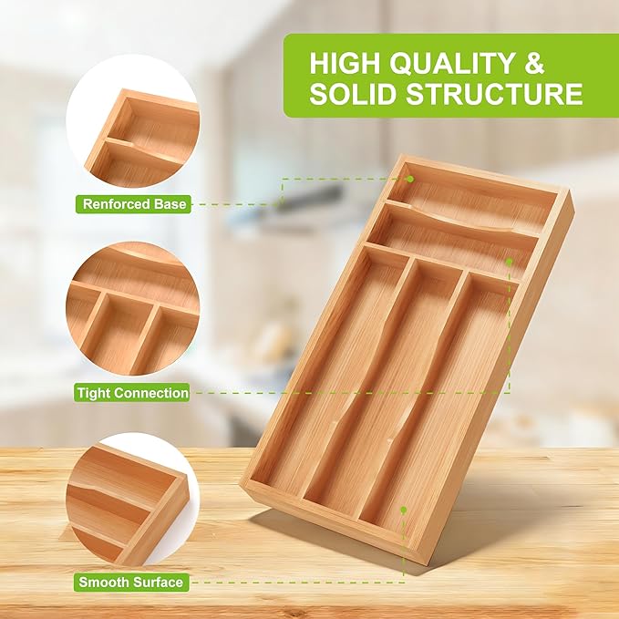Bamboo Utensil Drawer Organizer with Removable Dividers, Kitchen Organizer for Flatware Cutlery, Silverware Tray for Drawer (5/4 Flexible Slots, Natural)