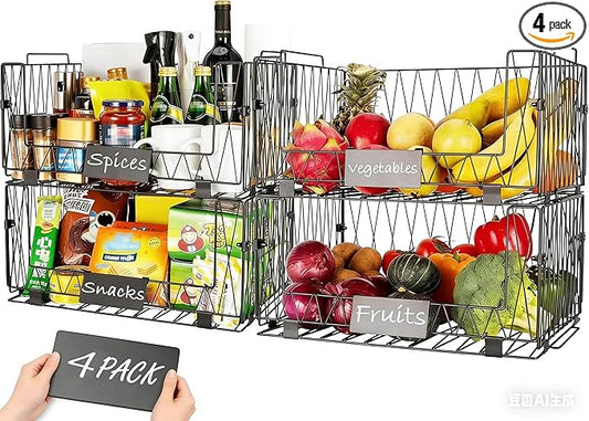 4 PACKS XXL Kitchen Organization and Storage Pantry Baskets, Fruit & Vegetable Basket for Kitchen Cabinet, Stackable Wire Baskets for Snack Chips Onion Potato Cans
