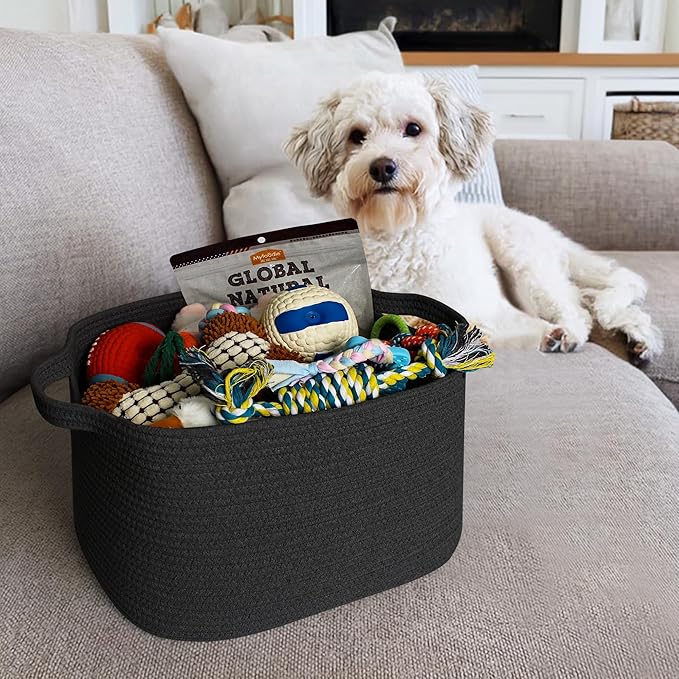 Black Woven Storage Basket - 15"x9"x11" Cotton Rope Basket for Organizing Shoes, Toys, Books, Towels, Rectangular Decorative Dog Toy Bin Box, Wicker Storage Bin for Entryway, Shelf, Gift Use
