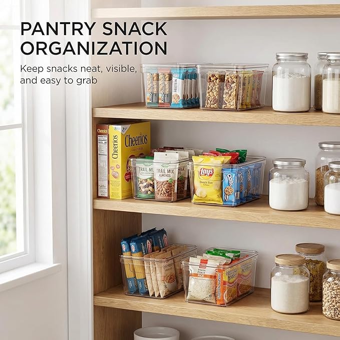 MOONEDGE Small Clear Plastic Storage Bins with Lids and Handles – Stackable Clear Organizer Bins for Refrigerator, Kitchen, Pantry, Bathroom, Closet, Laundry Room, Office – 4 Pack (10×6×5 in)