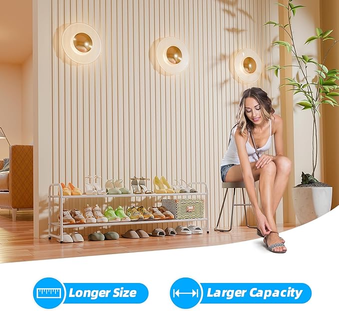 Shoe Rack for Closet, 2 Tier 44 Inch Extra Long Shoe Storage Organizer for Shelves, Heavy Duty Metal, Easy Assembly, White