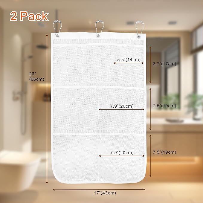 Cruise Essentials Must-Have Shower Caddy, Quick-Dry Mesh Hanging Bathroom Organizer with 7 Pockets, Portable Toiletry Bag for Travel, RVing & Camping, White, 17 Inch by 26 Inch, White, 2 Pack