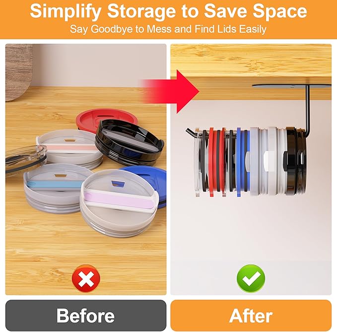 2 Pack Tumbler Lid Organizer, Space Saving Cup Lid Organizer for Yeti/Stanley/Simple Modern Tumbler Lids, Self-Adhesive or Drilling Tumbler Lid Hook for Kitchen Organizers and Storage