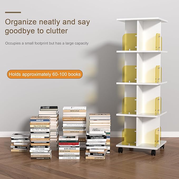 VECELO 4 Tier Rotating Bookshelf, 360Â°Corner Display Shelf with Wheels, Book Storage with Acrylic Windows, Wood Narrow Book Shelf Organizer for Small Space, Bedroom, White