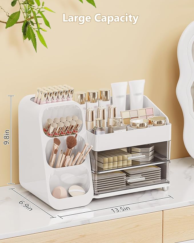 Makeup Organizer with Drawers, Skincare Organizer (Large Size Thick), Storage Box Cosmetic Display Cases, Make up Organizers for Vanity, Dresser, Desk, Kitchen, Countertop (White)