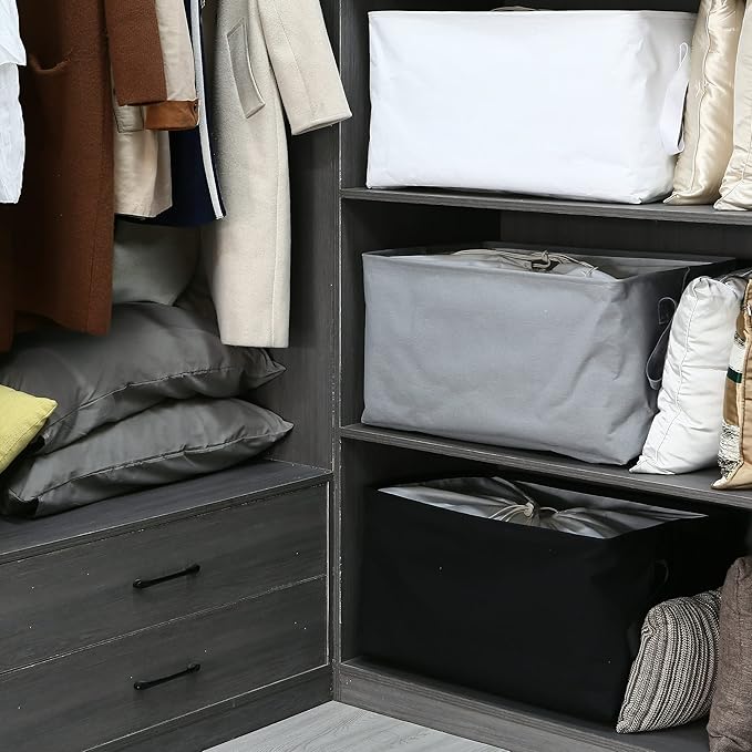Hinwo 102L XXL Storage Bins, 4-Pack Closet Organizers and Storage, Foldable Clothes Storage Baskets with Handles, Containers for Clothing, Blanket, Comforters, Toys, Bedding (Gray)