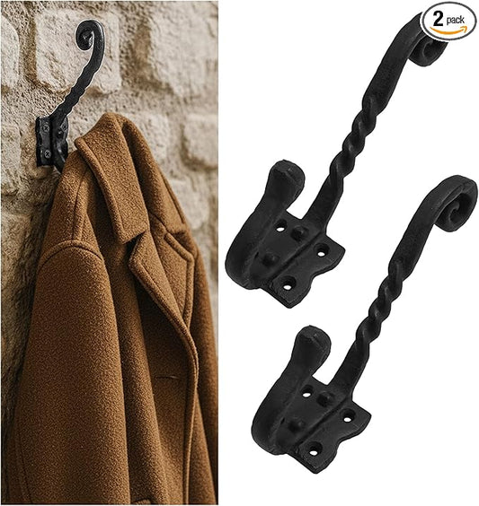Mystic Colonial Rustic Cast Iron Wall Hooks, Heavy Duty Blackened Vintage Utility Hangers for Coats, Towels, Hats & Bags � Pack of 2, Size 14.4?cm x 14?cm, Mounting Hardware Included