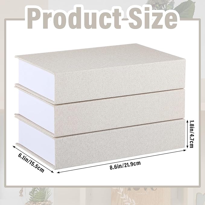 Tioncy 3 Pcs Fake Book Box Neutral Linen Book Box Decorative Faux Prop Storage for Farmhouse Home Decor shelf Table Card Photo DIY Keepsake Gift(8.6 x 6.1 x 1.8 Inch,Creamy White)