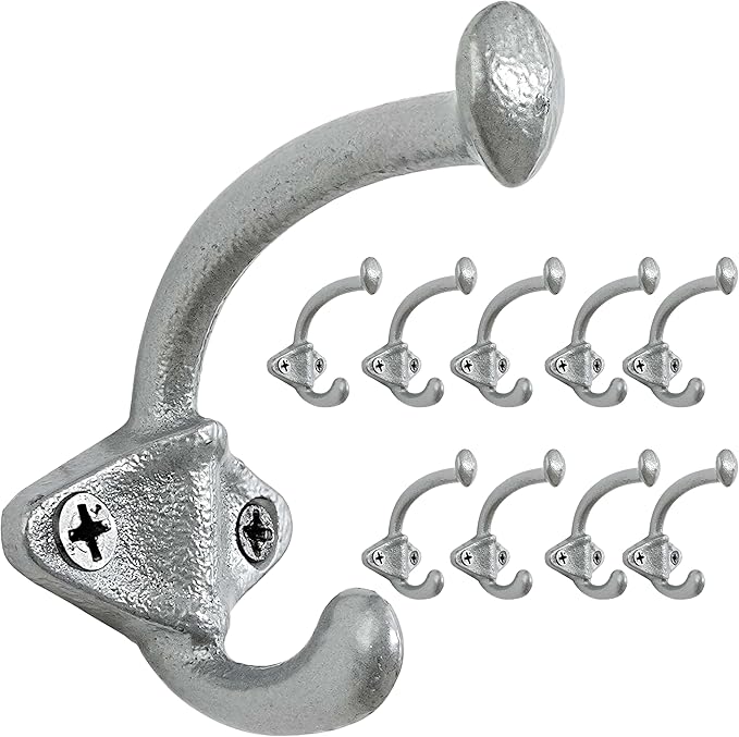 Dseap Cast Iron Wall Hooks, Heavy Duty Coat Hooks, Rustic Vintage Farmhouse Hook for Hanging Winter Coats Jackets Towels Hats Bags Plants, Silver, Pack of 10 (ShldCast)