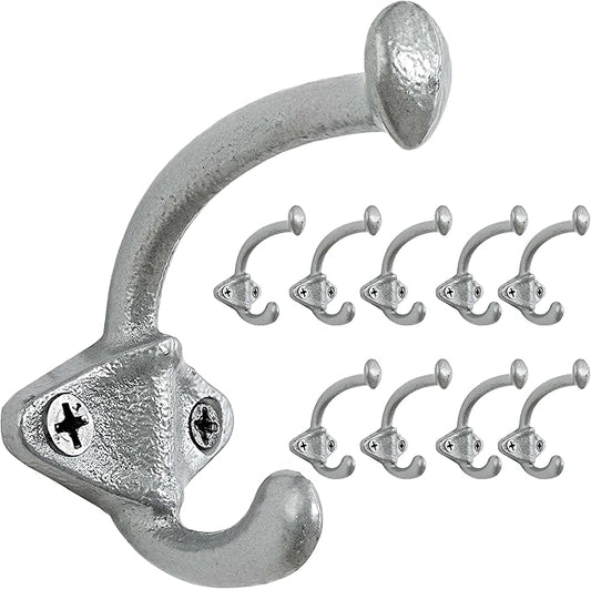 Dseap Cast Iron Wall Hooks, Heavy Duty Coat Hooks, Rustic Vintage Farmhouse Hook for Hanging Winter Coats Jackets Towels Hats Bags Plants, Silver, Pack of 10 (ShldCast)
