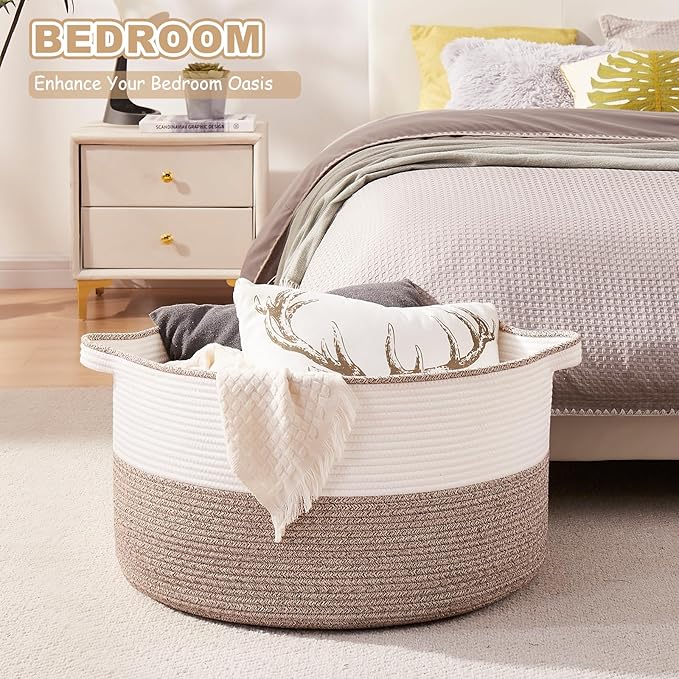 Large Blanket Basket with Handles, 22.8" x 22.8" x 13" Woven Storage Basket for Living Room, Cotton Rope Baby Toy Storage for Clothes, Pillows, Towels-Brown & White