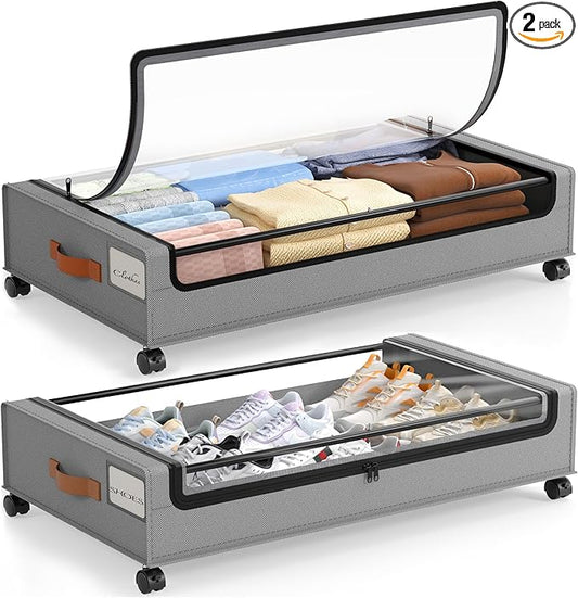 LAMU Under Bed Storage with Wheels, 2 Pack Under Bed Storage Containers with Clear Lid, XXL 60L Underbed Storage Bins, Rolling Under Bed Metal Drawers for Clothes, Blankets, Shoes, Grey