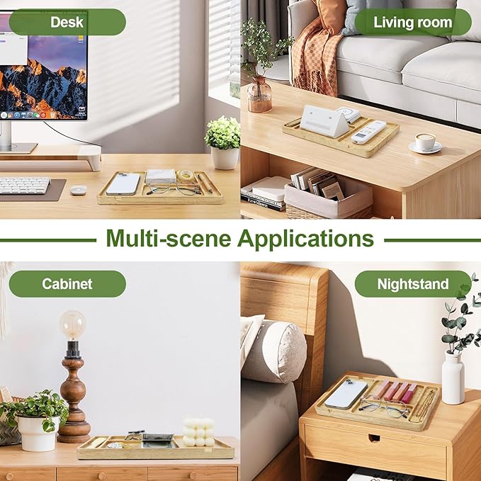 MultiBey Rubber Wood Valet Tray - Wooden Nightstand Organizer for Men Women, 4 Slot Desk Drawer Organizer Tray, EDC Catch All Tray with Cable Slot for Phone Watch Wallet Key Jewelry
