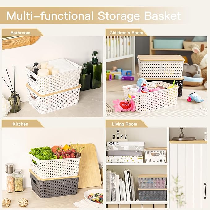 Criusia 6 Pack Plastic Storage Baskets With Bamboo Lid, Stackable Storage Baskets for Organizing Desktop Closet Shelves Drawers Pantry Organization Office Playroom Classroom