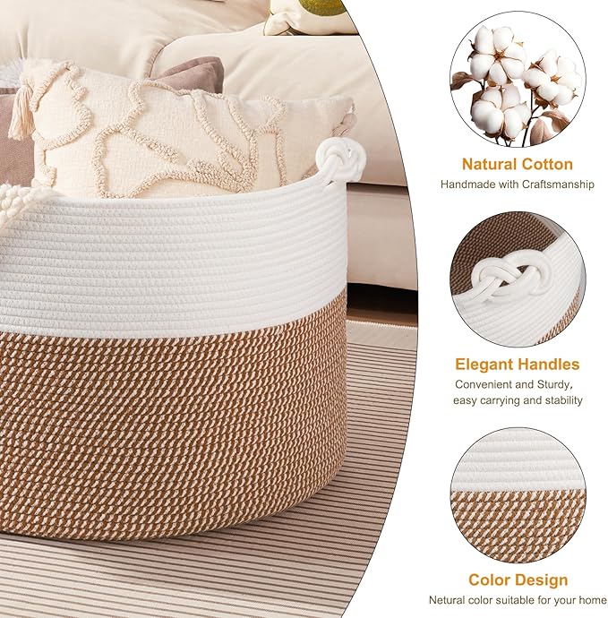 XXL Large Blanket Storage Basket for Living Room, 105L Woven Cotton Rope Basket with Handles, Baby Toy Storage, Laundry Hamper for Clothes, Pillows, Towels-Yellow and White