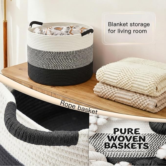 100L Large Cotton Rope Basket, Decorative Woven Blanket Storage for Living Room, Boho Toy Storage & Toy Box for Kids, Versatile Laundry Basket & Nursery Hamper for Blankets(Black)