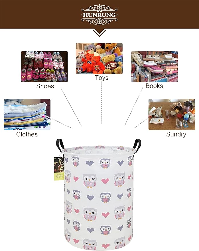 HUNRUNG Laundry Hamper,Large Canvas Fabric Lightweight Storage Basket Toy Organizer Dirty Clothes Collapsible Waterproof for College Dormsï¼Round-Love Owlï¼